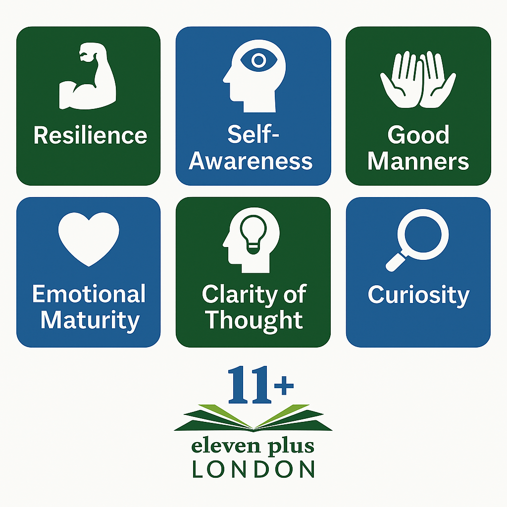 Infographic showing six key qualities schools look for in interviews: resilience, self-awareness, good manners, emotional maturity, clarity of thought, and curiosity.